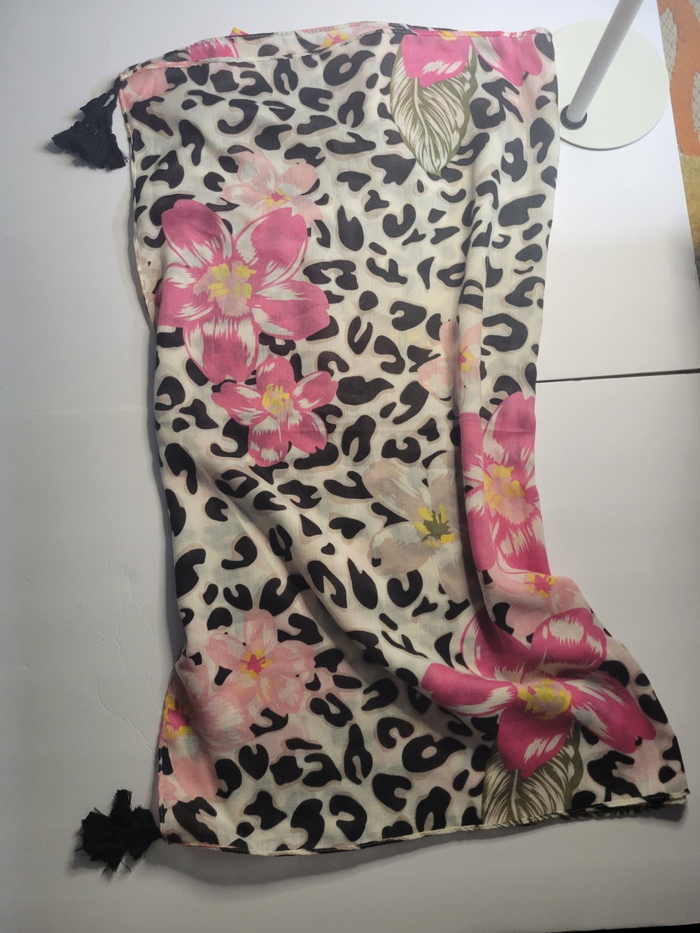 Floral & Leopard Print Lightweight Scarf with Tassels